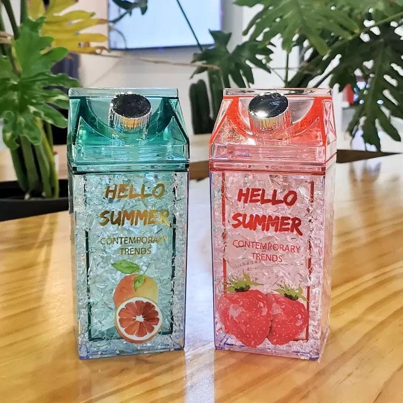 Hello Summer Water Bottle, Double Straw Cold Drink Cup, Creative Milk Box Style Water Bottle, Outdoor Thermos Cup, Summer Glass Drinking Water Bottle Hello Summer Water Bottle, Double Straw Cold Drink Cup, Creative Milk Box Style Water Bottle, Outdoor Thermos Cup, Summer Glass Drinking Water Bottle